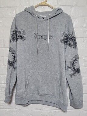SHEIN Gray Dragon Zip-Up Hoodie Sweatshirt